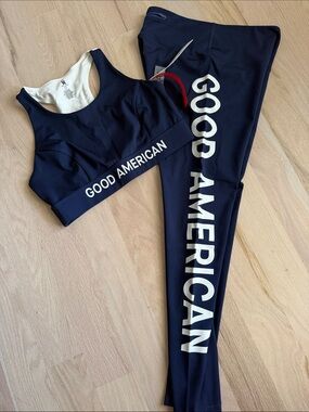 Good American Navy Active Logo Bra and High-Waist Leggings